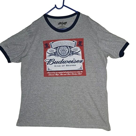 Budweiser Graphic T-Shirt Mens Size XL Gray Short Sleeve Blue Trim Ringer Tee - Picture 1 of 5